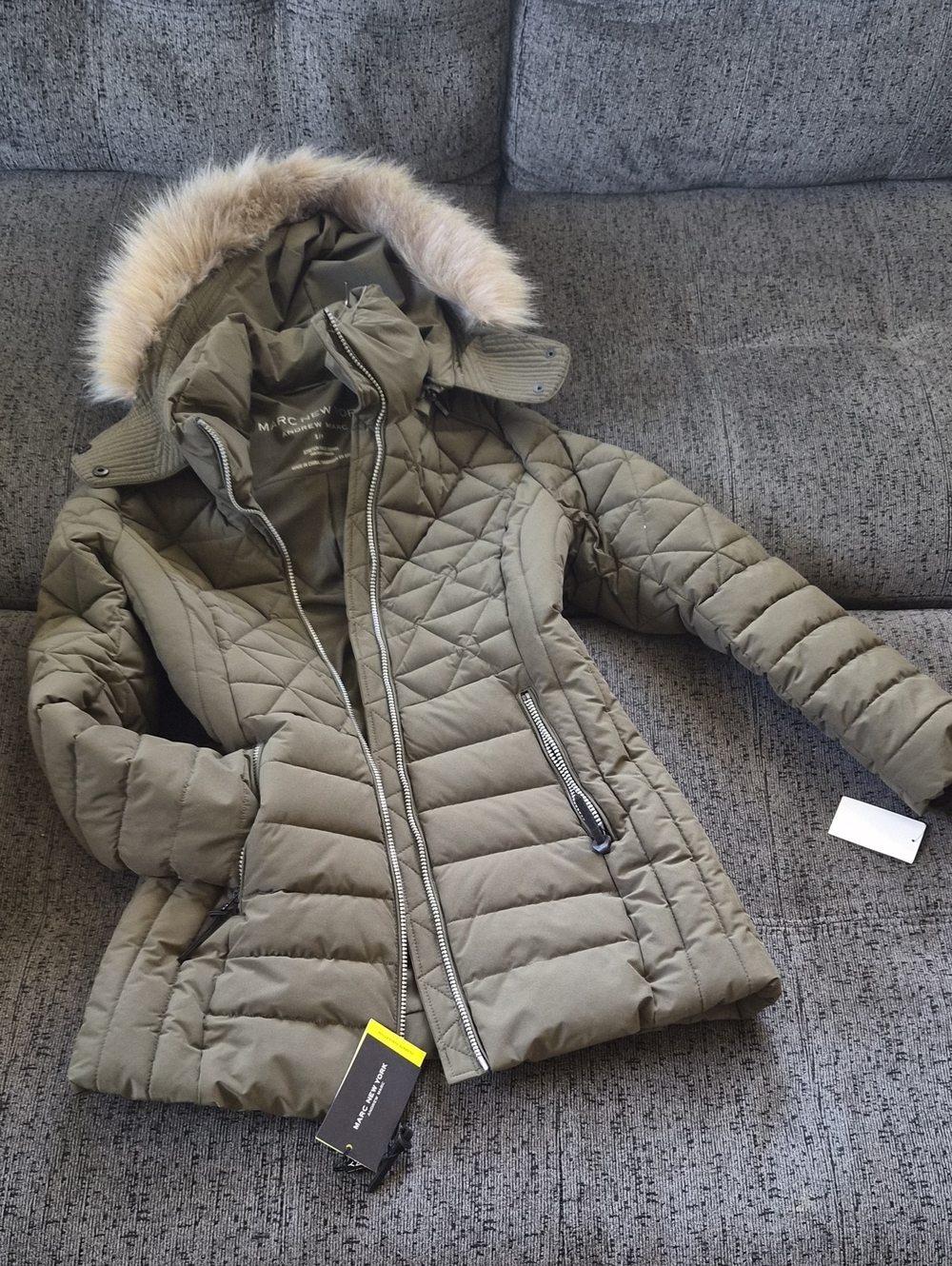 Marc New York Olive Quilted Hooded Puffer with Faux Fur Trim